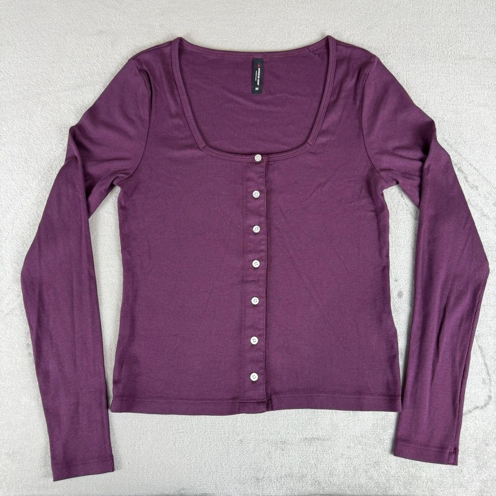 American Giant Luxe Rib Square Neck Cardigan Women Medium Purple USA NWOT Defect